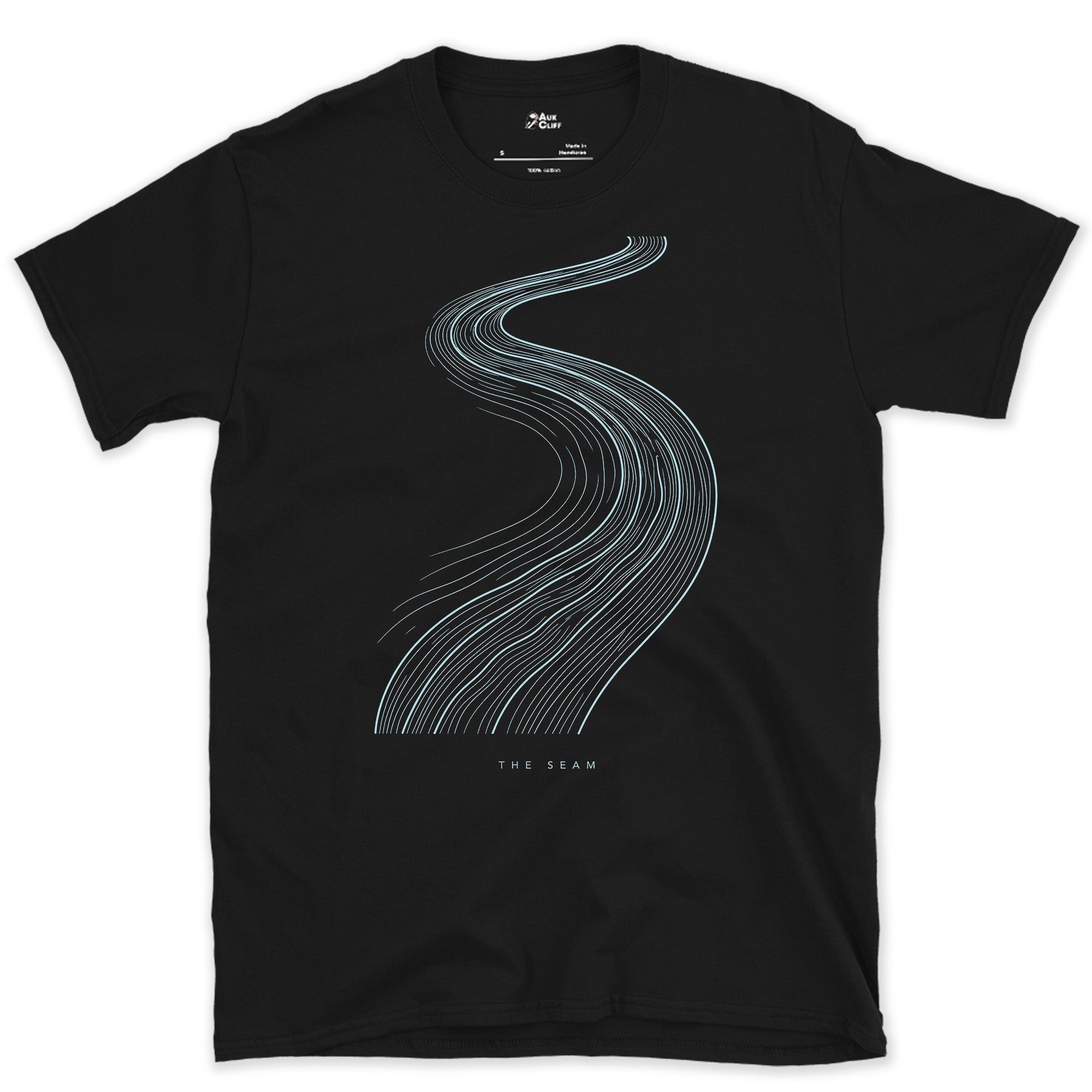 Where Two Currents Meet in the River Bend design on a Black Gildan Softstyle t-shirt