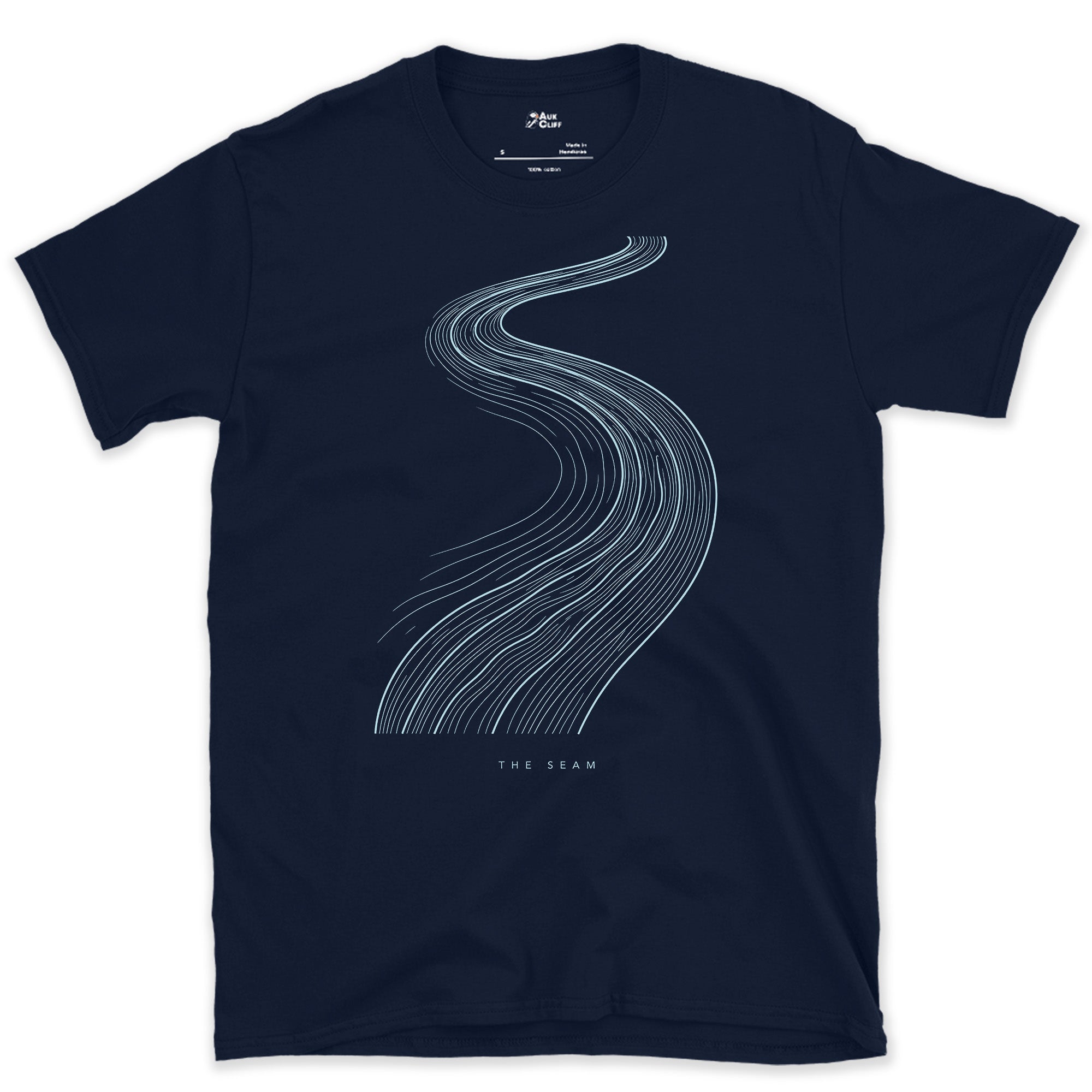 Where Two Currents Meet in the River Bend design on a Navy Gildan Softstyle t-shirt