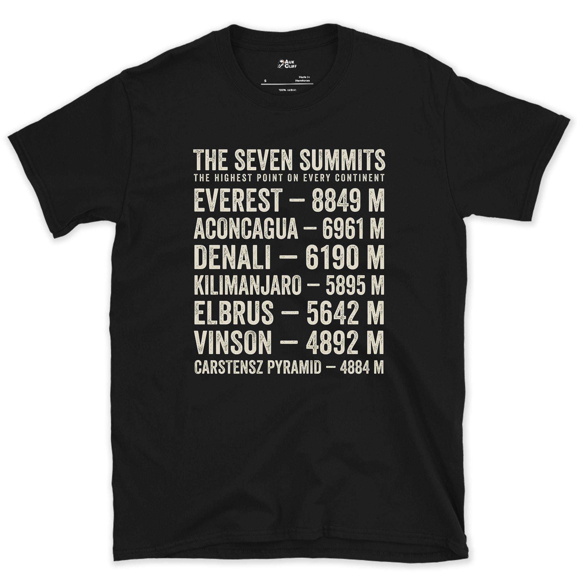 One Continent at a Time, Seven Summits design on a Black Gildan Softstyle t-shirt