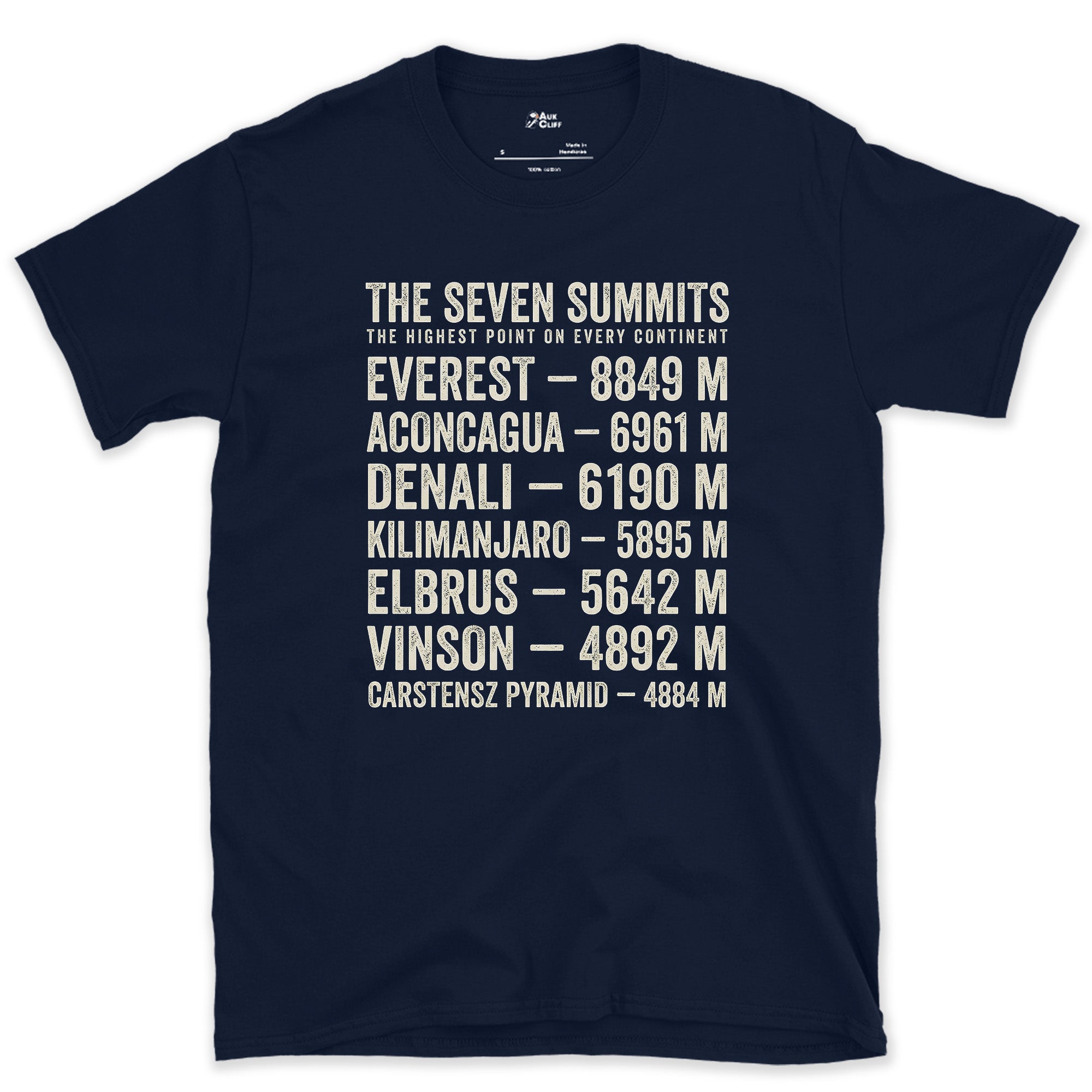 One Continent at a Time, Seven Summits design on a Navy Gildan Softstyle t-shirt