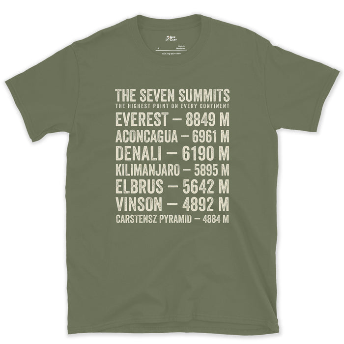 One Continent at a Time, Seven Summits design on a Military Green Gildan Softstyle t-shirt