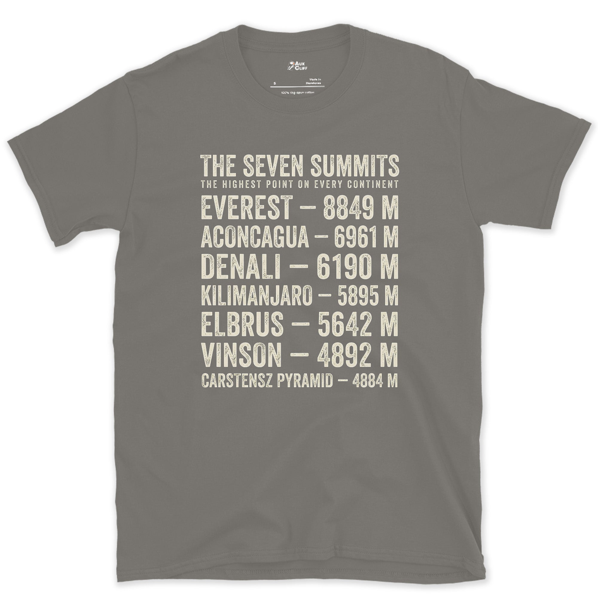 One Continent at a Time, Seven Summits design on a Charcoal Gildan Softstyle t-shirt