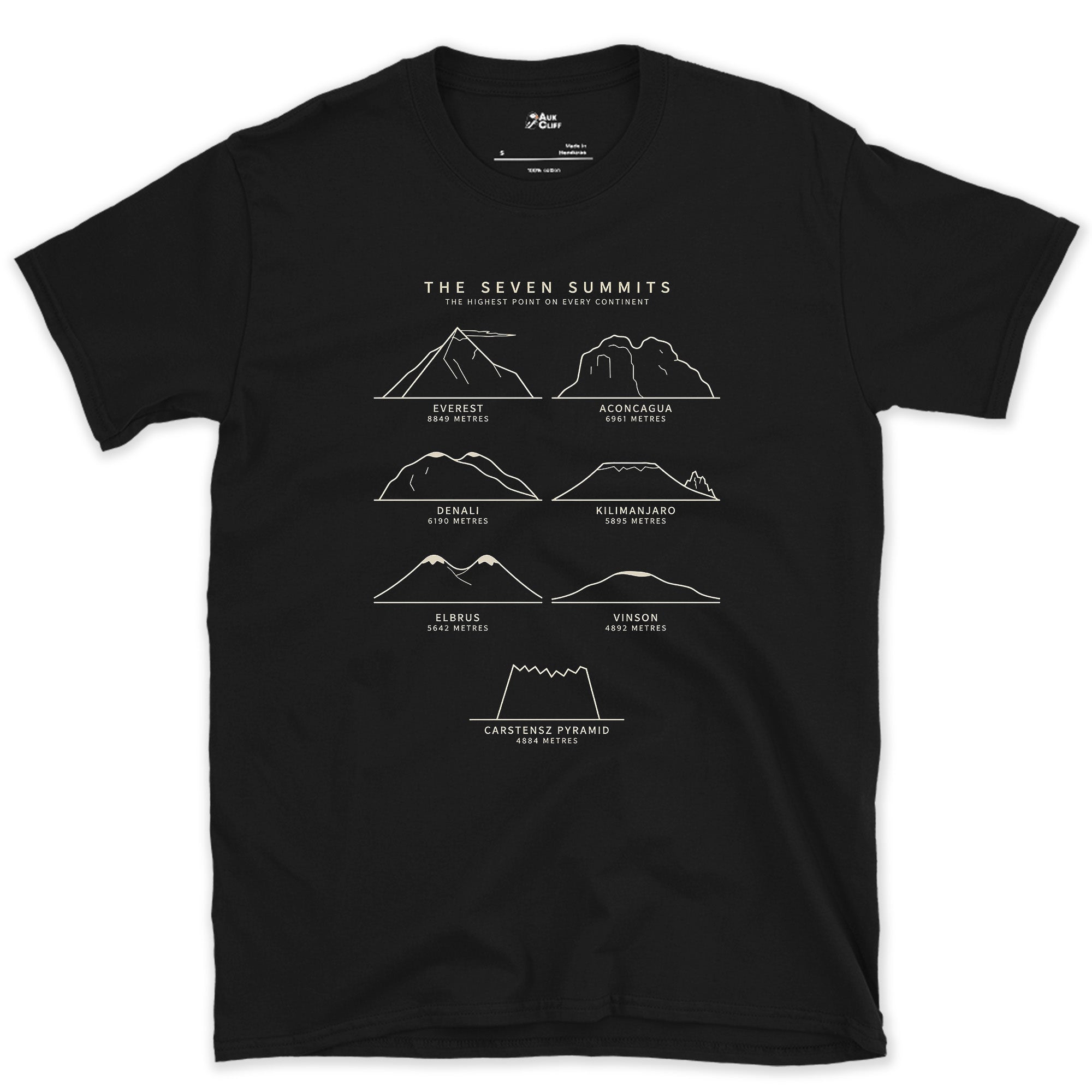 The Seven Summits, Named and Measured design on a Black Gildan Softstyle t-shirt