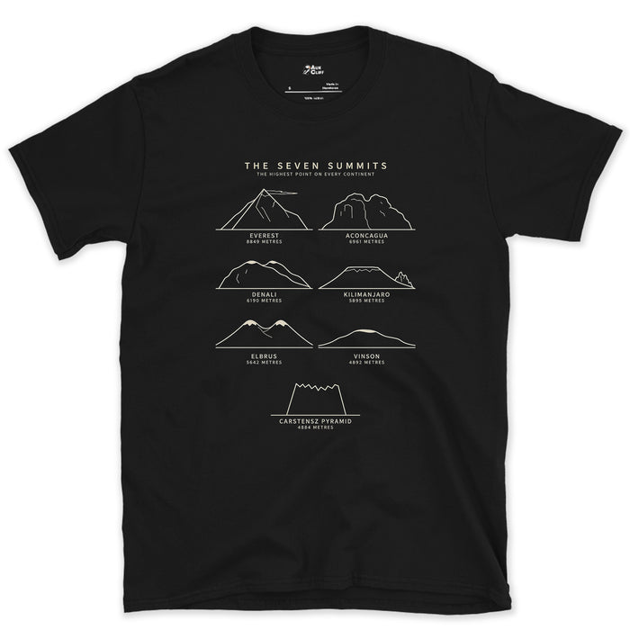 The Seven Summits, Named and Measured design on a Black Gildan Softstyle t-shirt