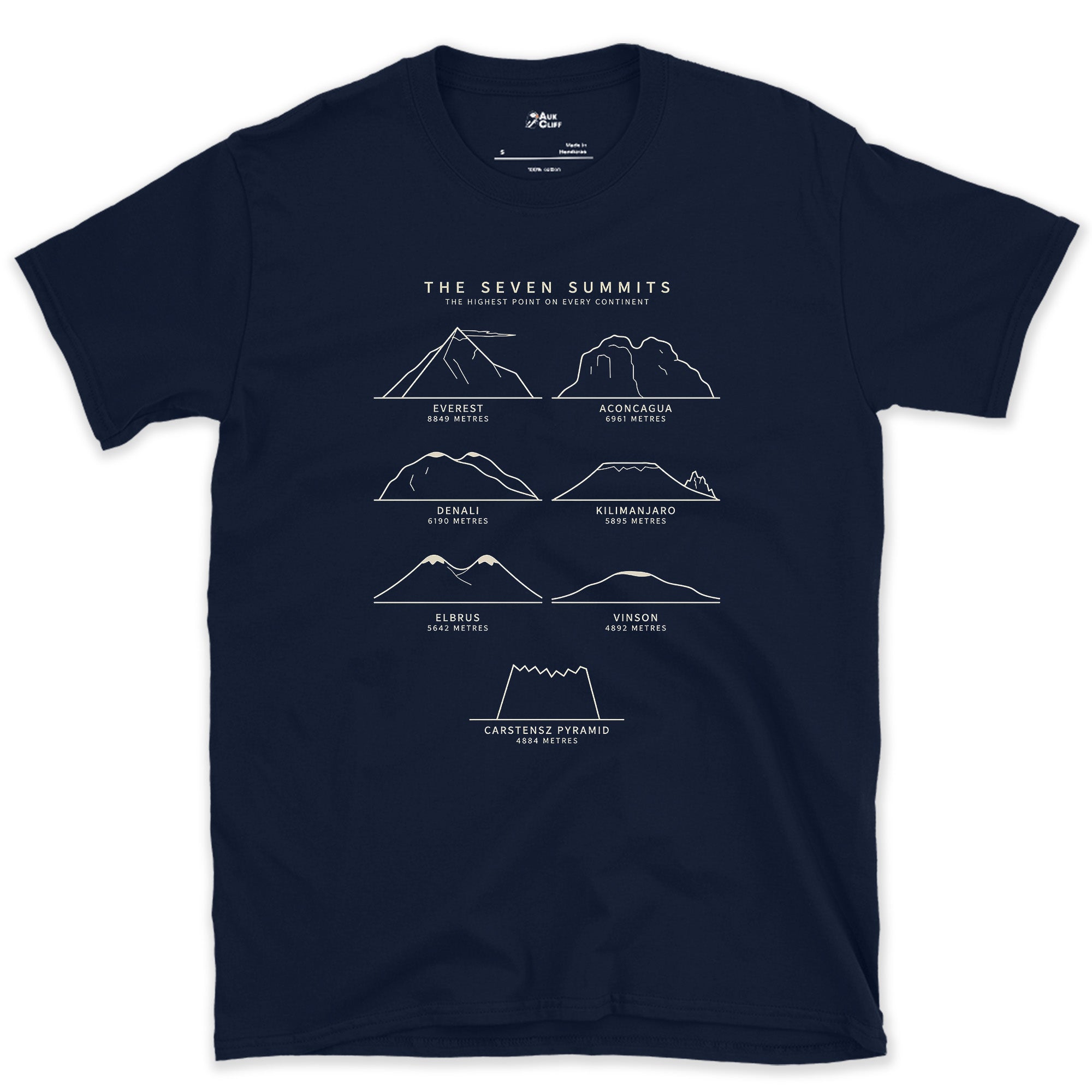 The Seven Summits, Named and Measured design on a Navy Gildan Softstyle t-shirt