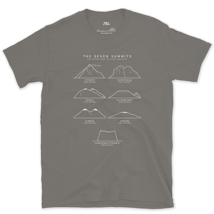 The Seven Summits, Named and Measured design on a Charcoal Gildan Softstyle t-shirt