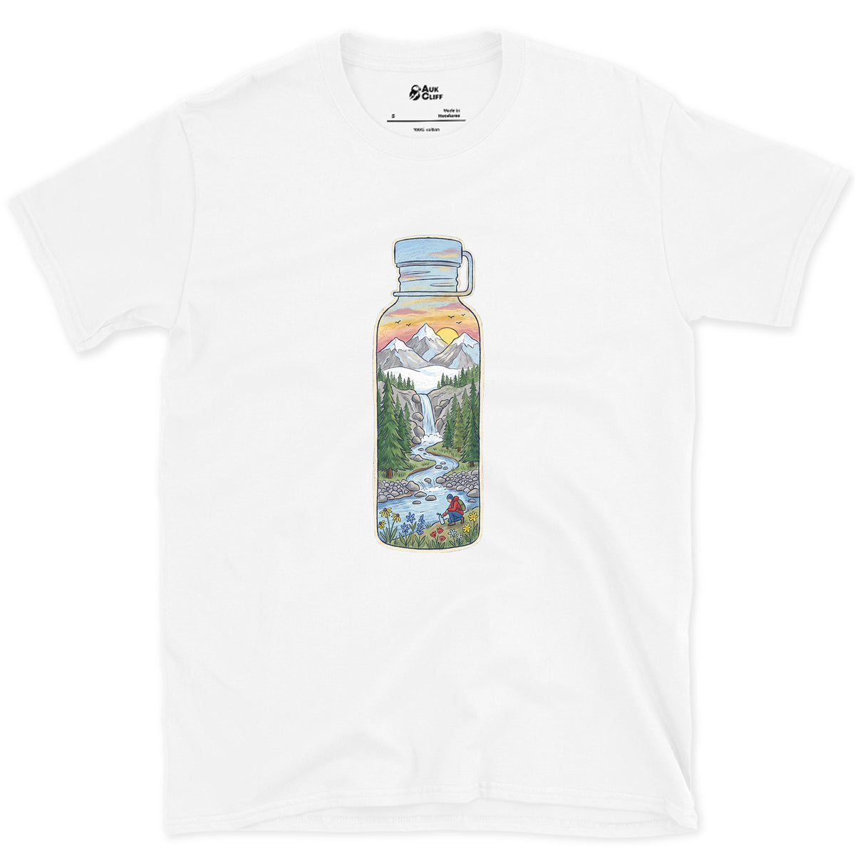 The Stream It Came From, Water Bottle design on a White Gildan Softstyle t-shirt