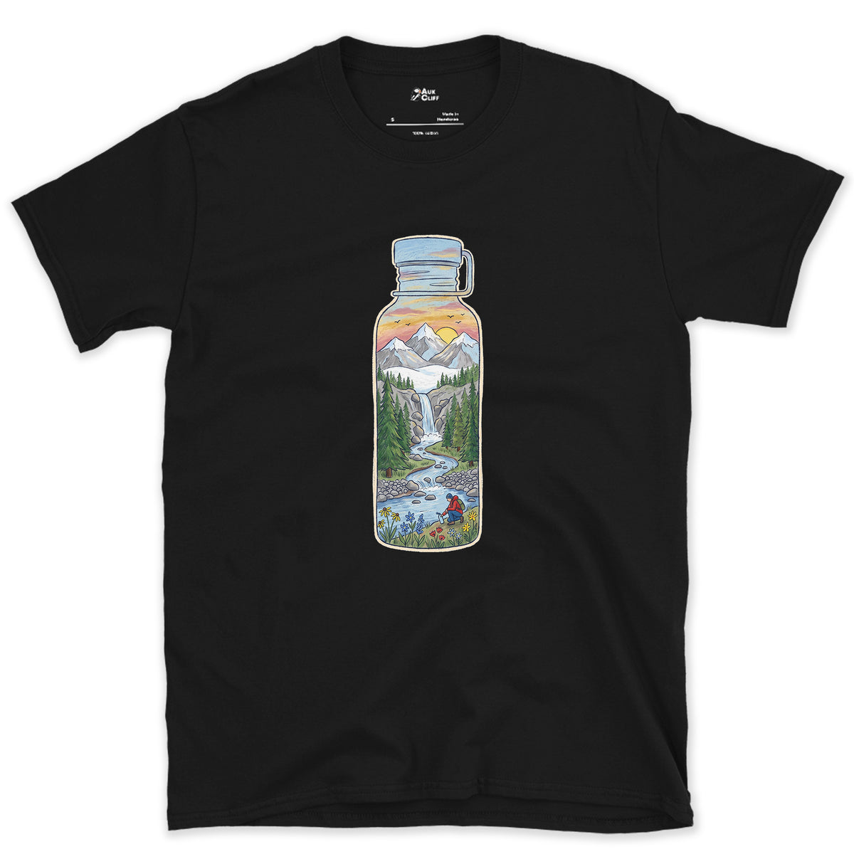 The Stream It Came From, Water Bottle design on a Black Gildan Softstyle t-shirt
