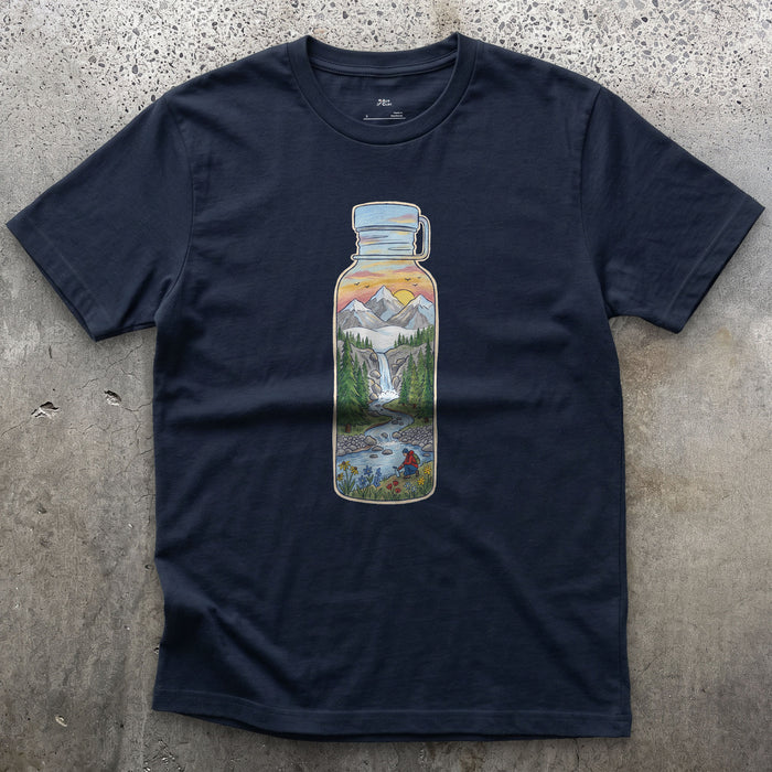 The Stream It Came From, Water Bottle design on a Navy Gildan Softstyle t-shirt
