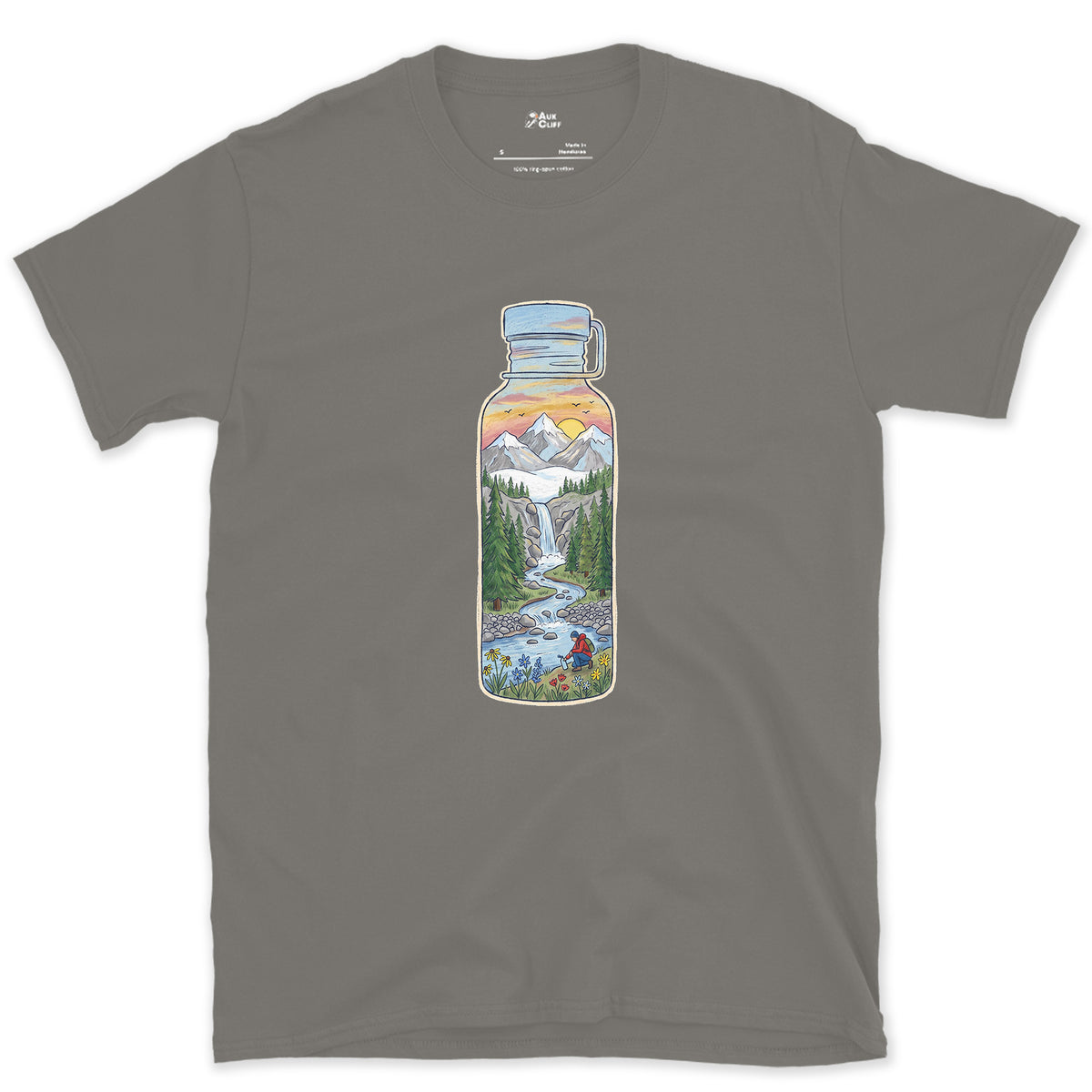 The Stream It Came From, Water Bottle design on a Charcoal Gildan Softstyle t-shirt