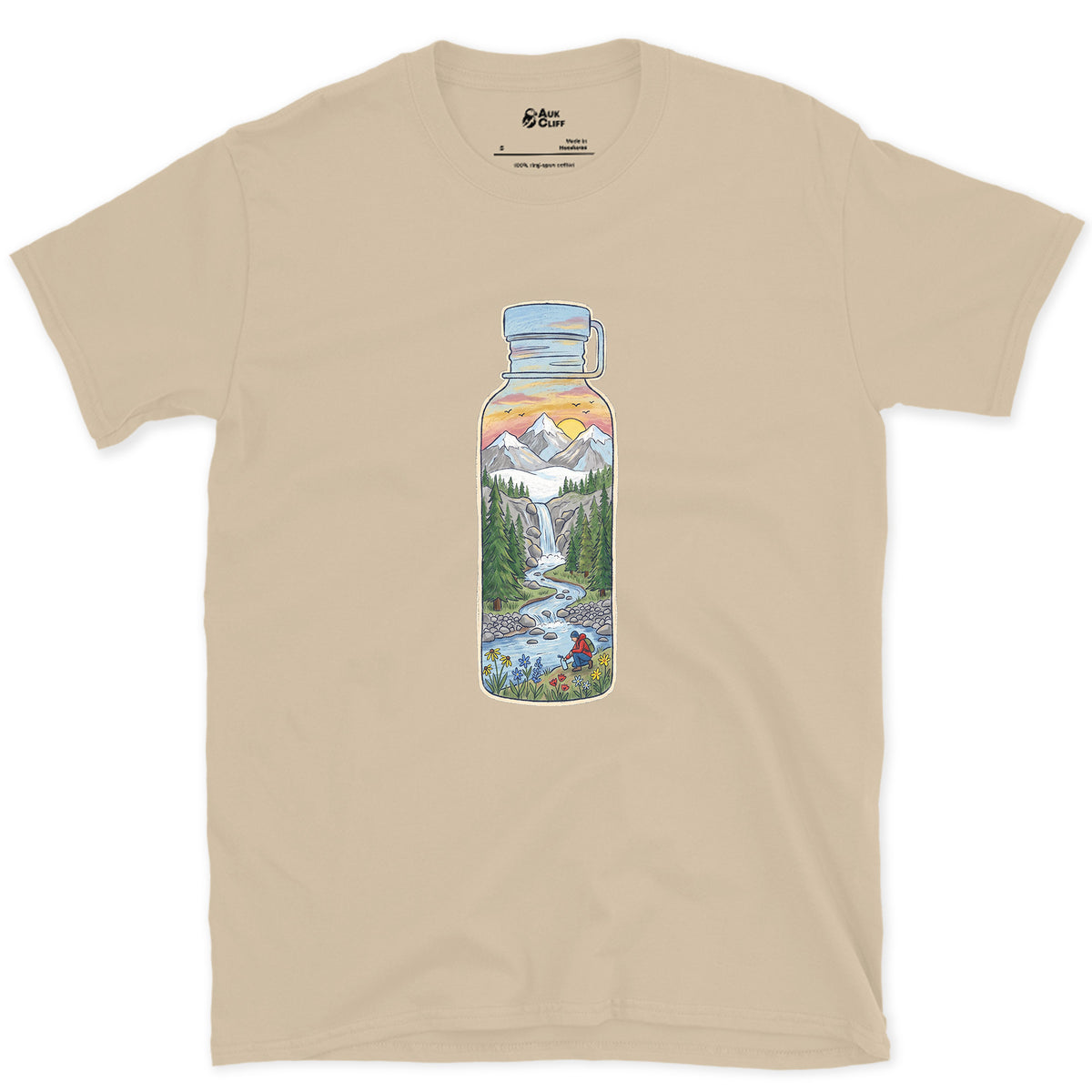 The Stream It Came From, Water Bottle design on a Sand Gildan Softstyle t-shirt