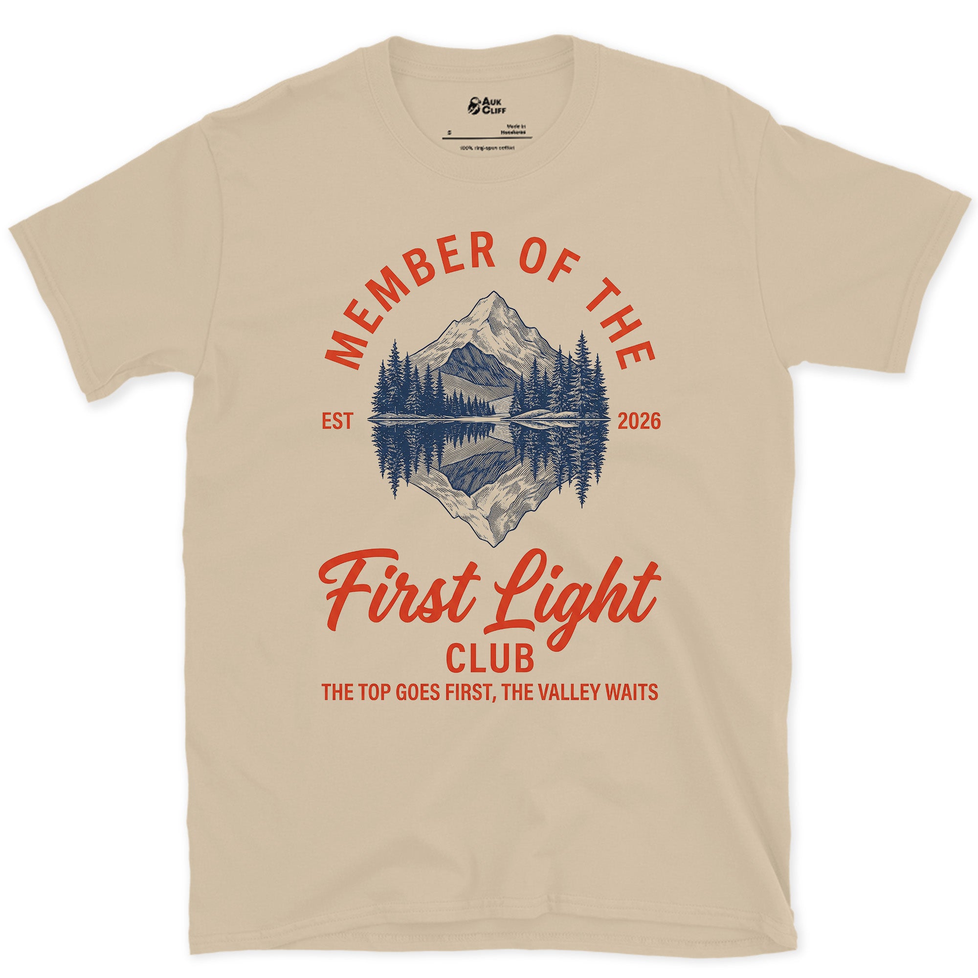 The Top Goes First, the Valley Waits design on a Sand Gildan Softstyle t-shirt