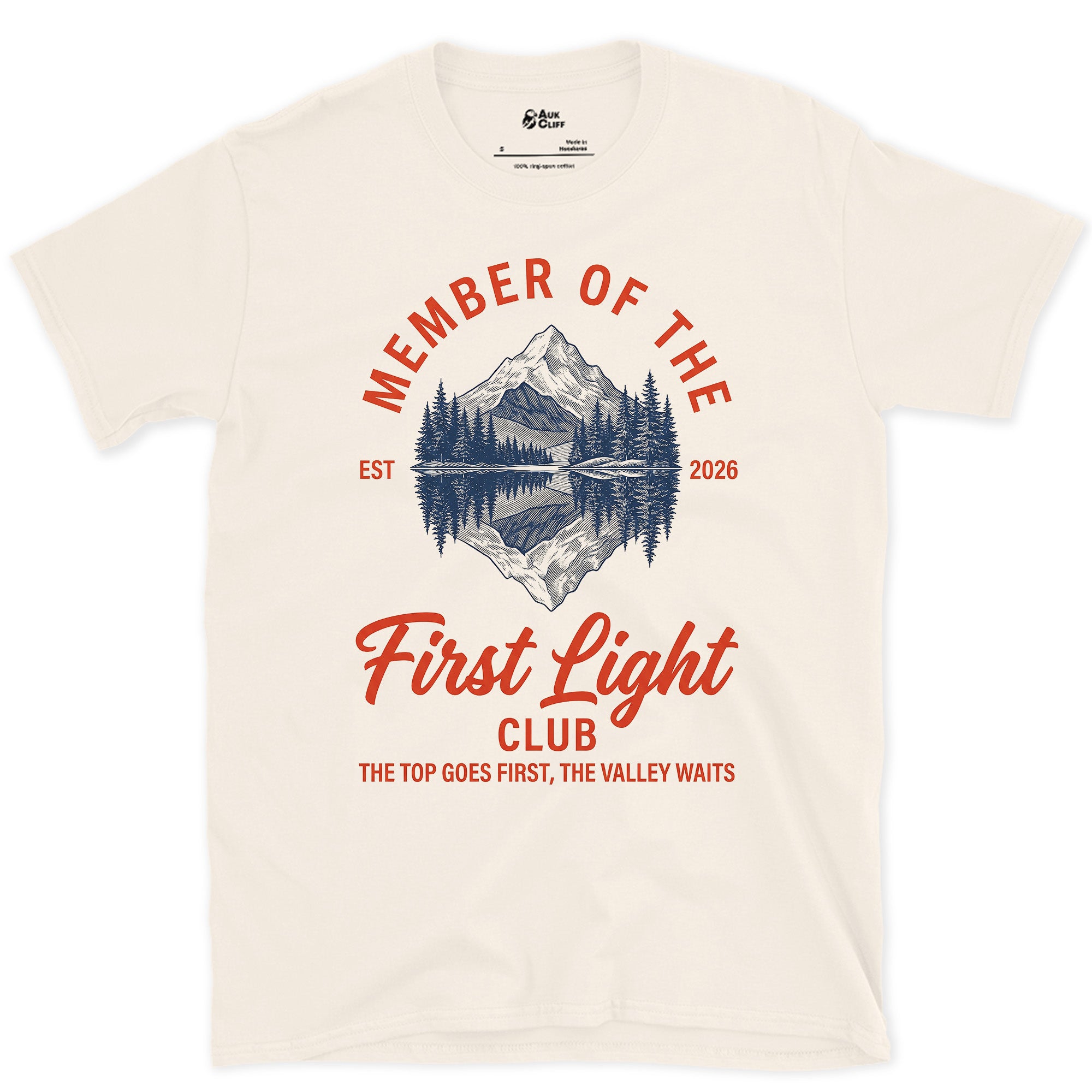 The Top Goes First, the Valley Waits design on a Natural Gildan Softstyle t-shirt