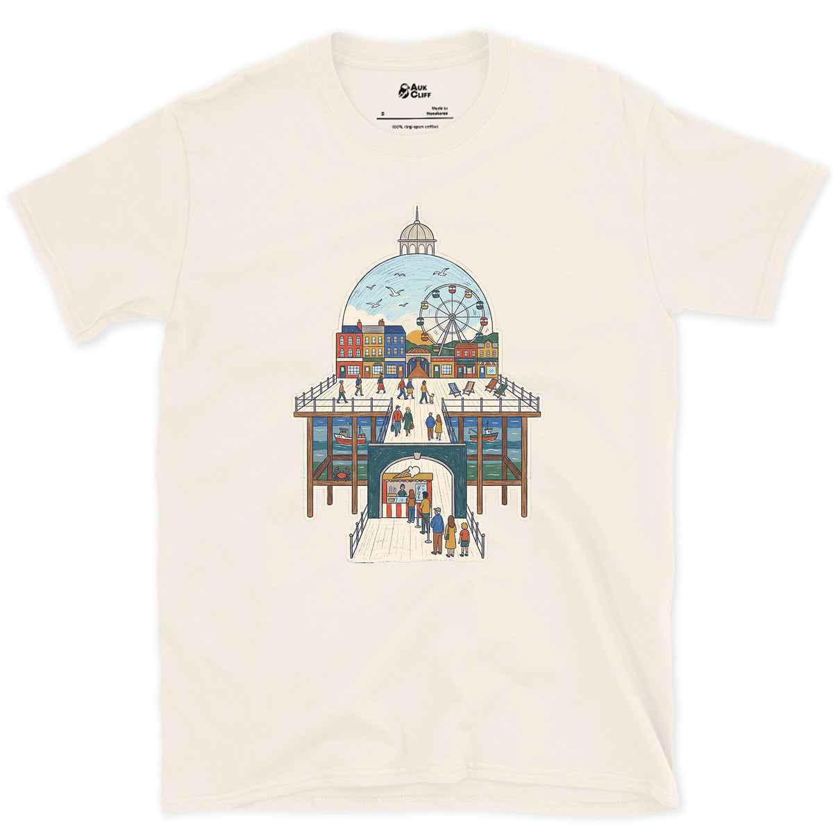 The Town Behind the Pier design on a Natural Gildan Softstyle t-shirt