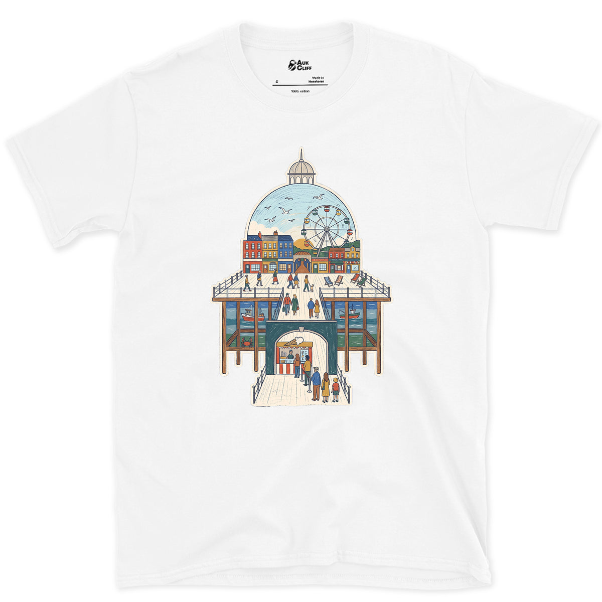 The Town Behind the Pier design on a White Gildan Softstyle t-shirt