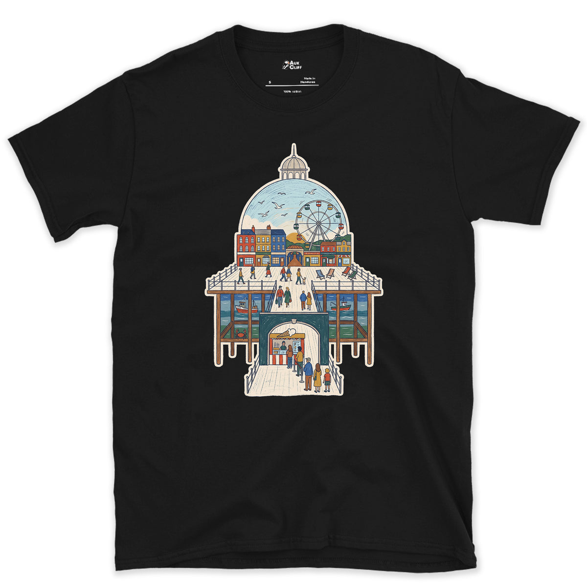 The Town Behind the Pier design on a Black Gildan Softstyle t-shirt