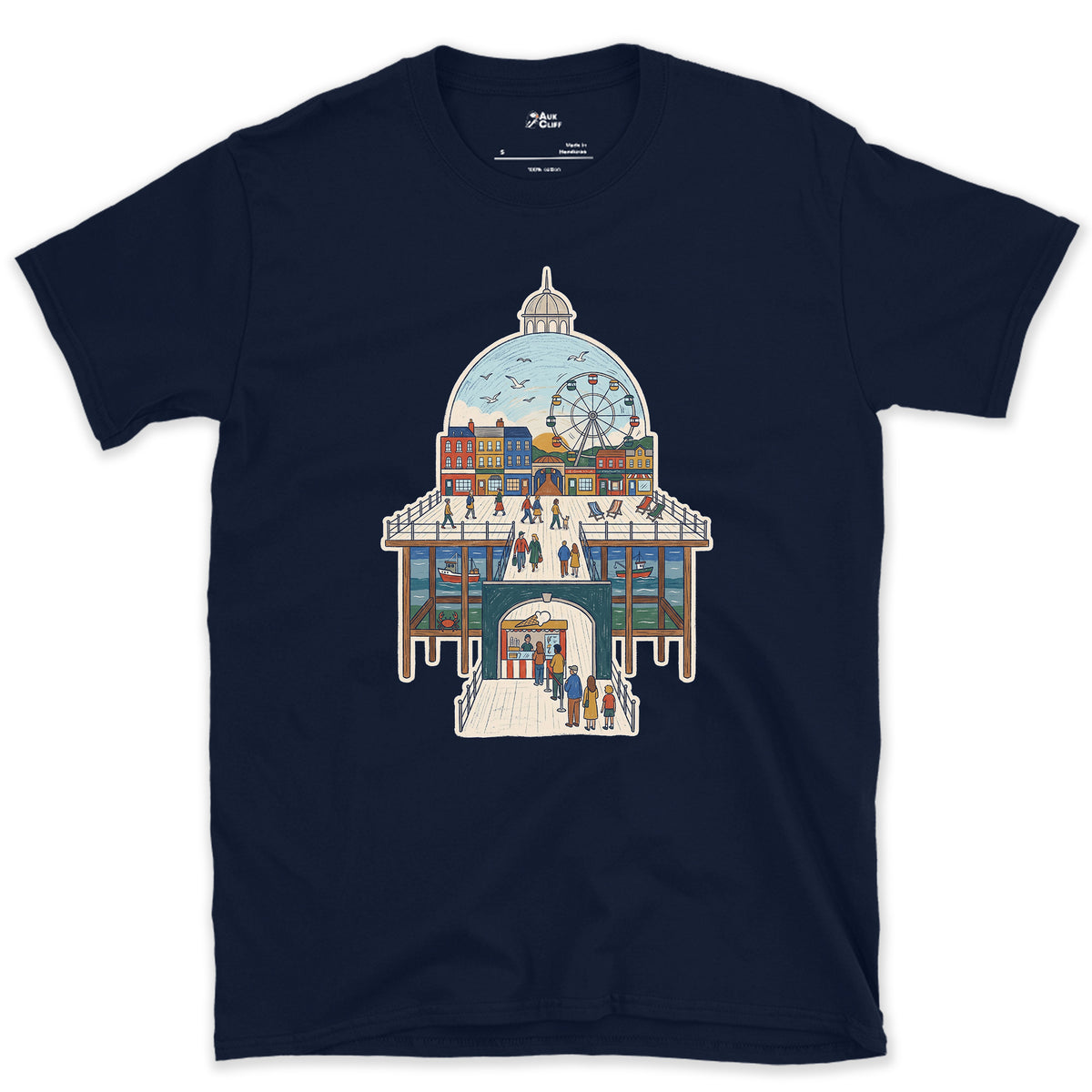 The Town Behind the Pier design on a Navy Gildan Softstyle t-shirt