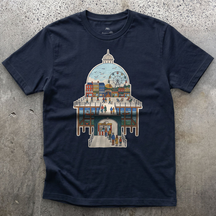 The Town Behind the Pier design on a Navy Gildan Softstyle t-shirt