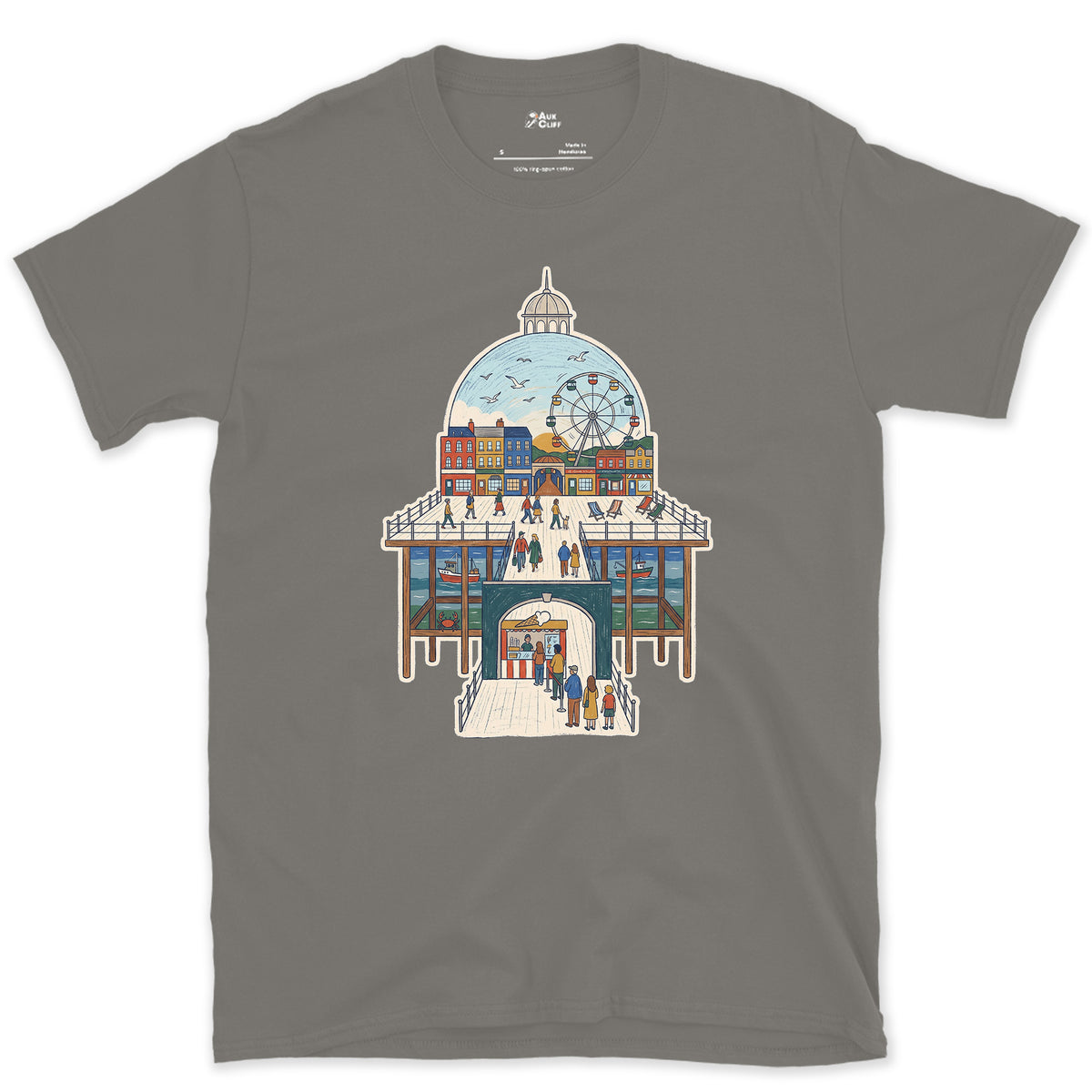 The Town Behind the Pier design on a Charcoal Gildan Softstyle t-shirt