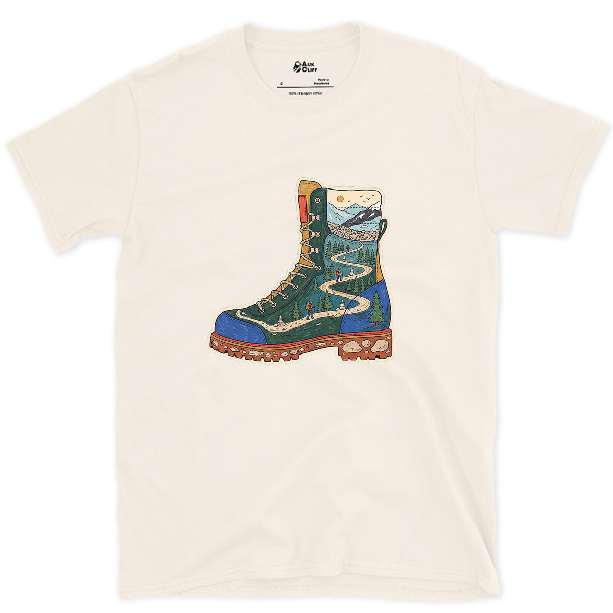 The Trail Climbs the Boot design on a Natural Gildan Softstyle t-shirt