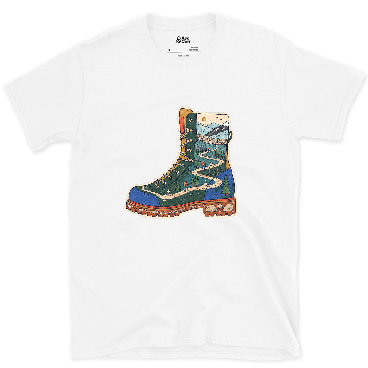 The Trail Climbs the Boot design on a White Gildan Softstyle t-shirt