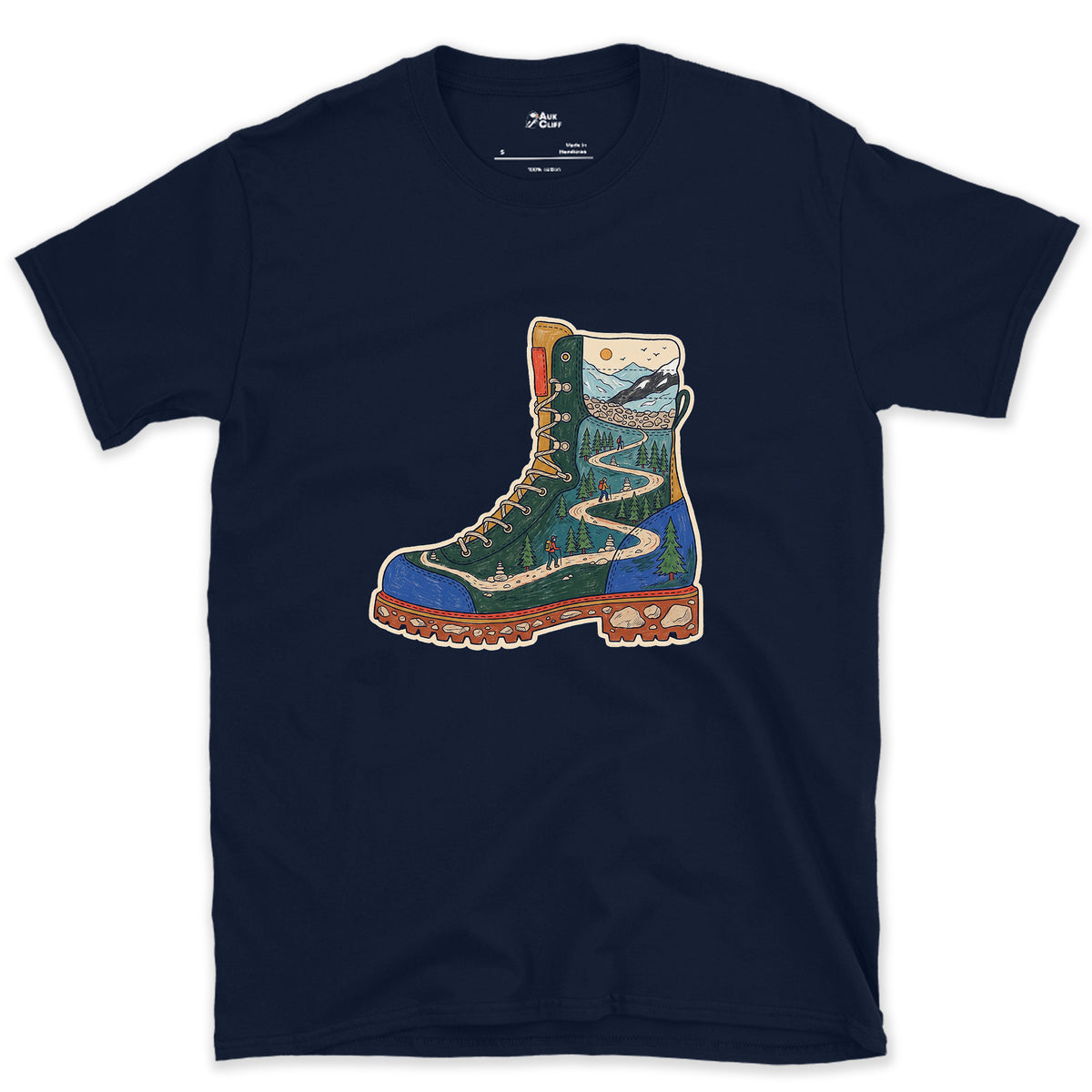 The Trail Climbs the Boot design on a Navy Gildan Softstyle t-shirt
