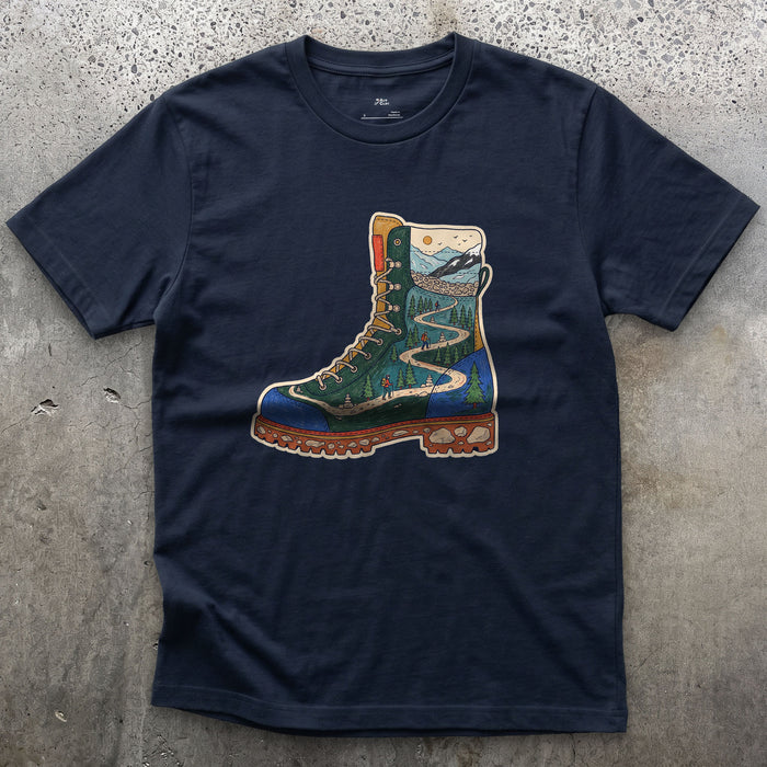 The Trail Climbs the Boot design on a Navy Gildan Softstyle t-shirt