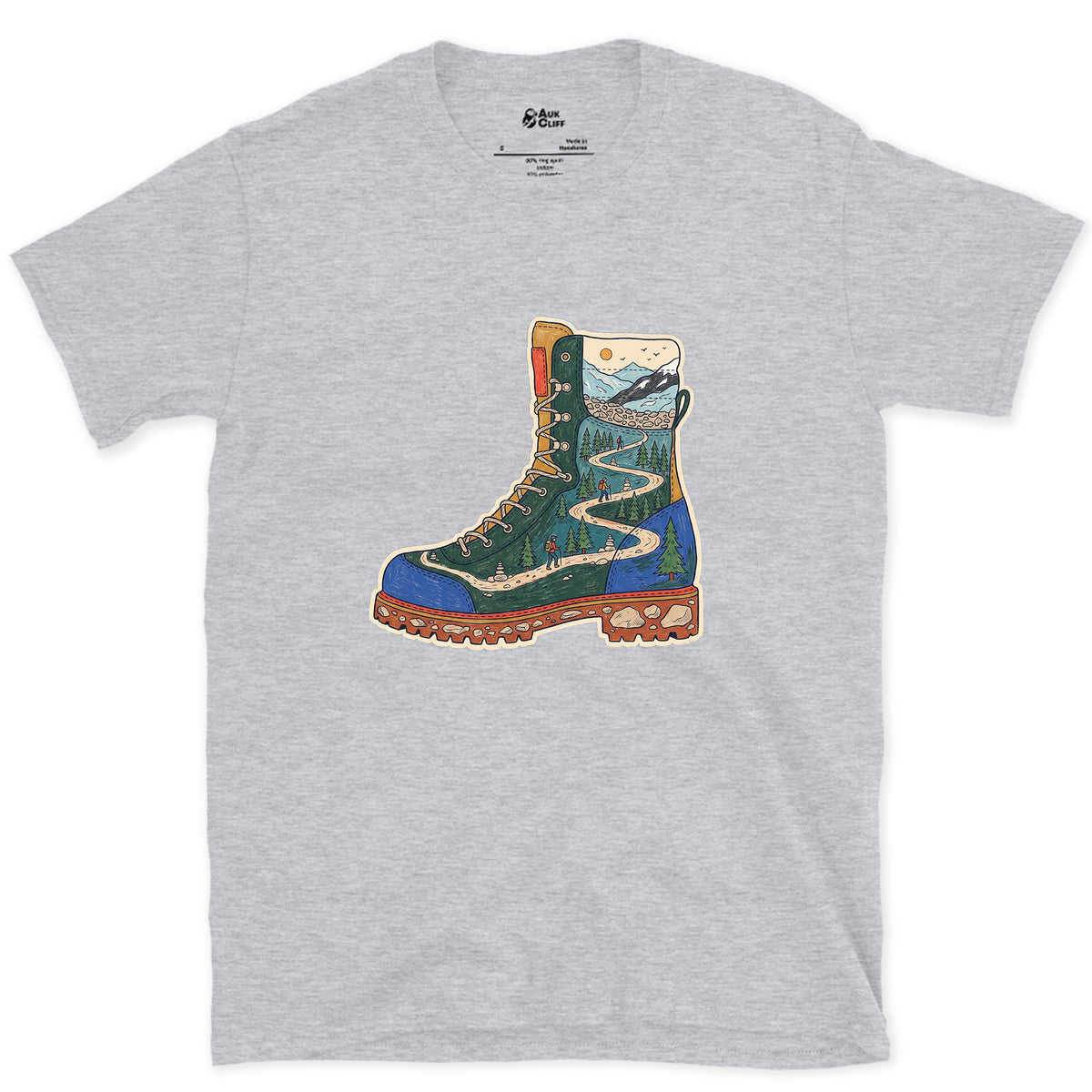 The Trail Climbs the Boot design on a Sport Grey Gildan Softstyle t-shirt