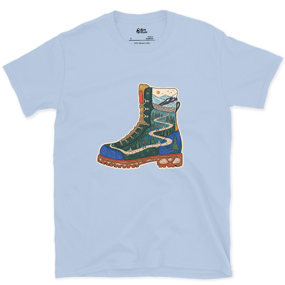 The Trail Climbs the Boot design on a Light Blue Gildan Softstyle t-shirt