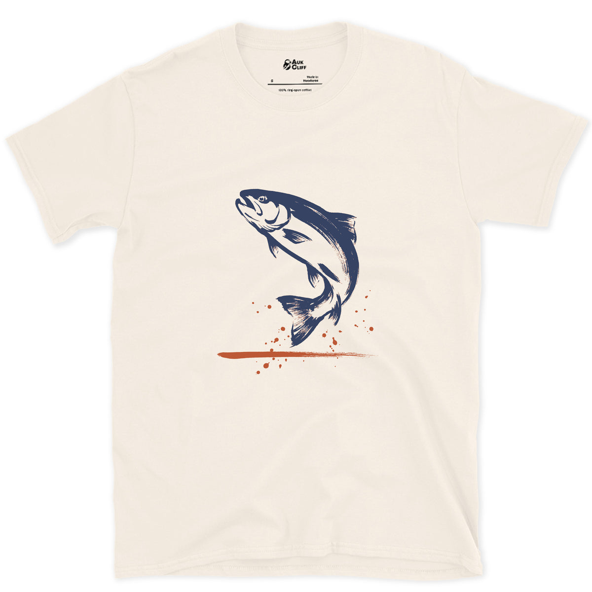 The Trout Comes Up design on a Natural Gildan Softstyle t-shirt