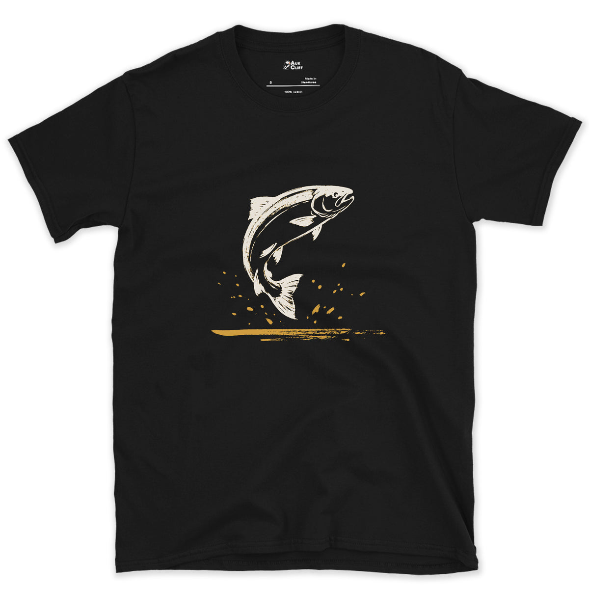 The Trout Comes Up design on a Black Gildan Softstyle t-shirt