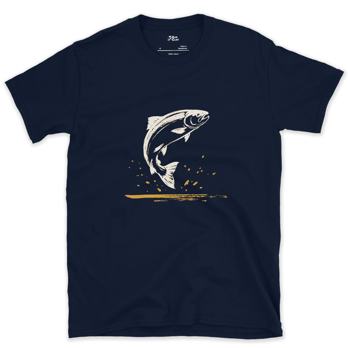The Trout Comes Up design on a Navy Gildan Softstyle t-shirt