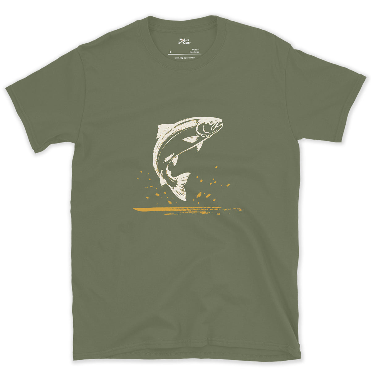 The Trout Comes Up design on a Military Green Gildan Softstyle t-shirt