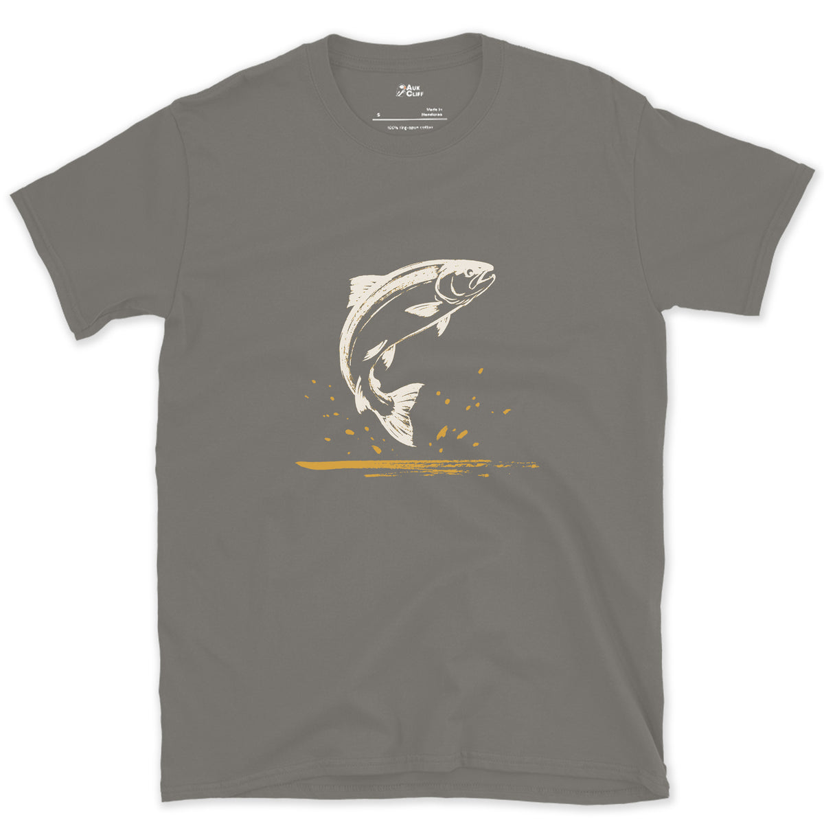 The Trout Comes Up design on a Charcoal Gildan Softstyle t-shirt
