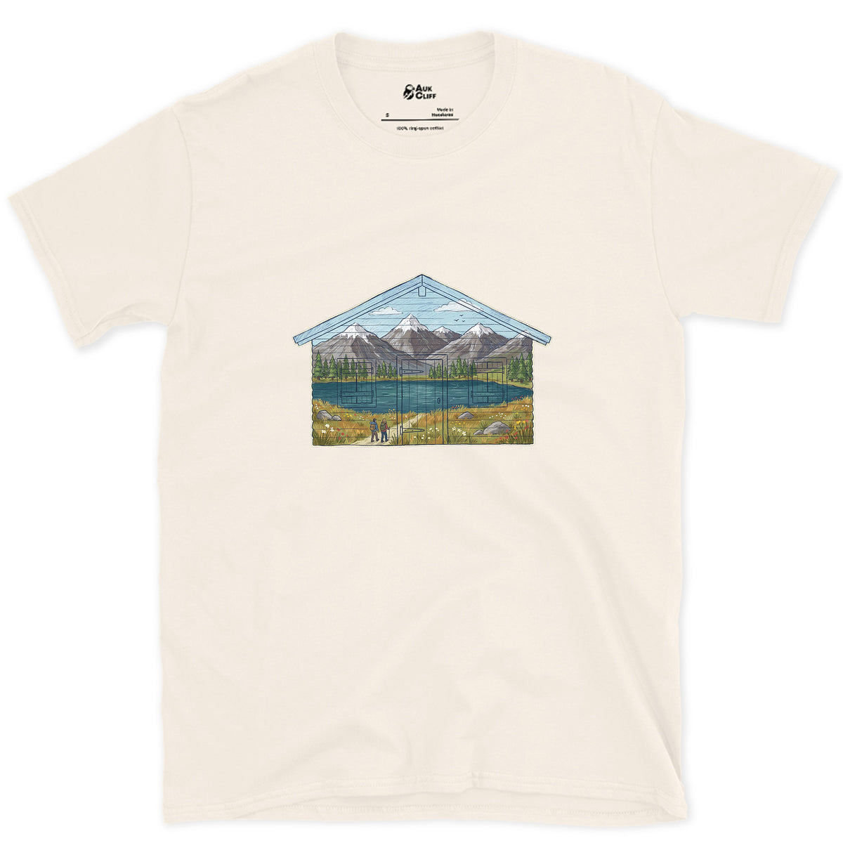The Valley the Hut Faces design on a Natural Gildan Softstyle t-shirt