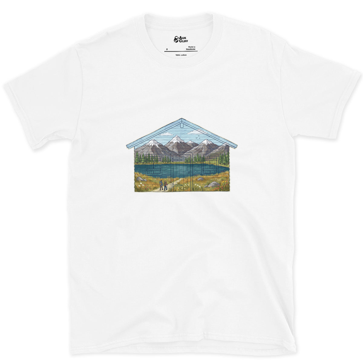 The Valley the Hut Faces design on a White Gildan Softstyle t-shirt