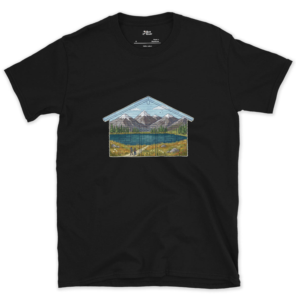The Valley the Hut Faces design on a Black Gildan Softstyle t-shirt