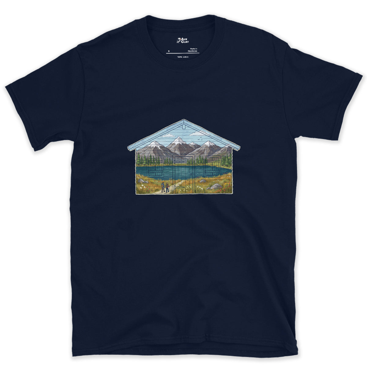 The Valley the Hut Faces design on a Navy Gildan Softstyle t-shirt