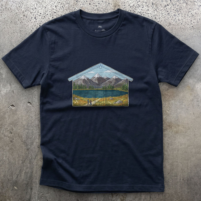 The Valley the Hut Faces design on a Navy Gildan Softstyle t-shirt