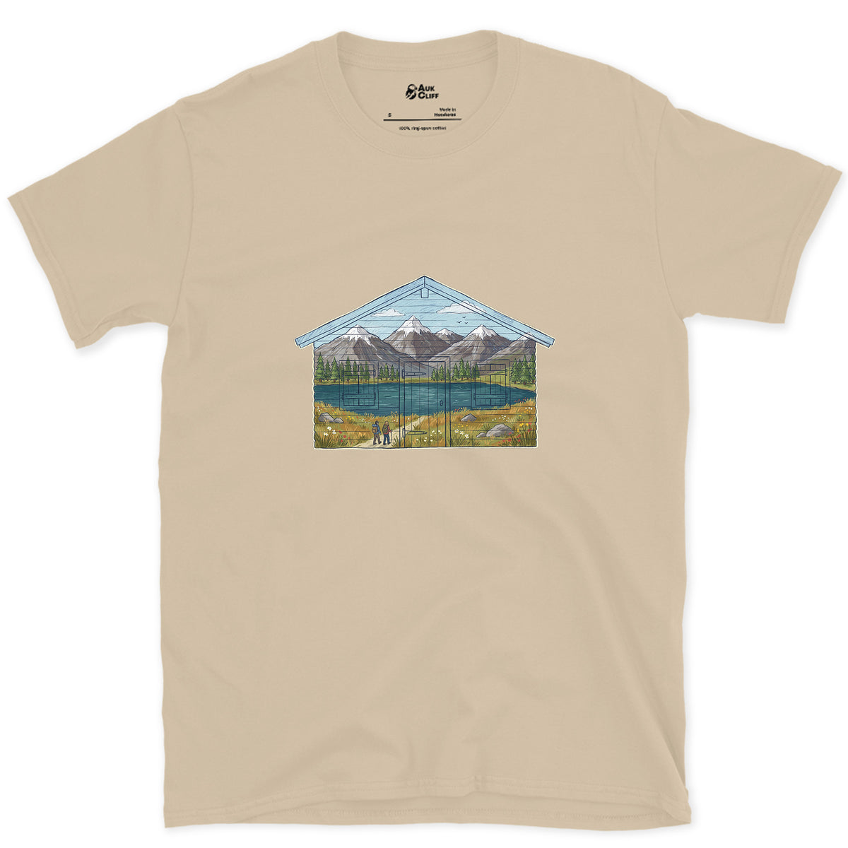The Valley the Hut Faces design on a Sand Gildan Softstyle t-shirt