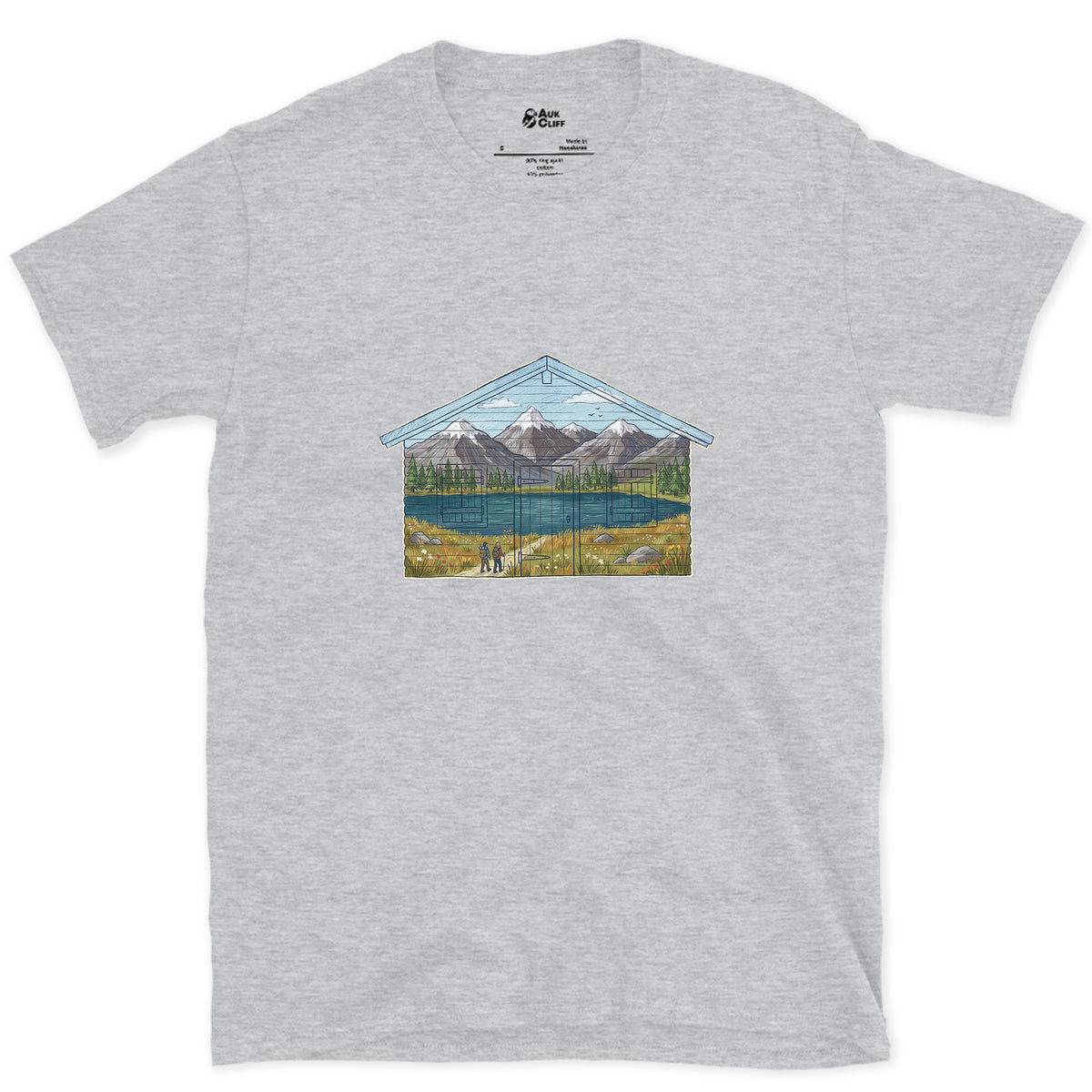 The Valley the Hut Faces design on a Sport Grey Gildan Softstyle t-shirt