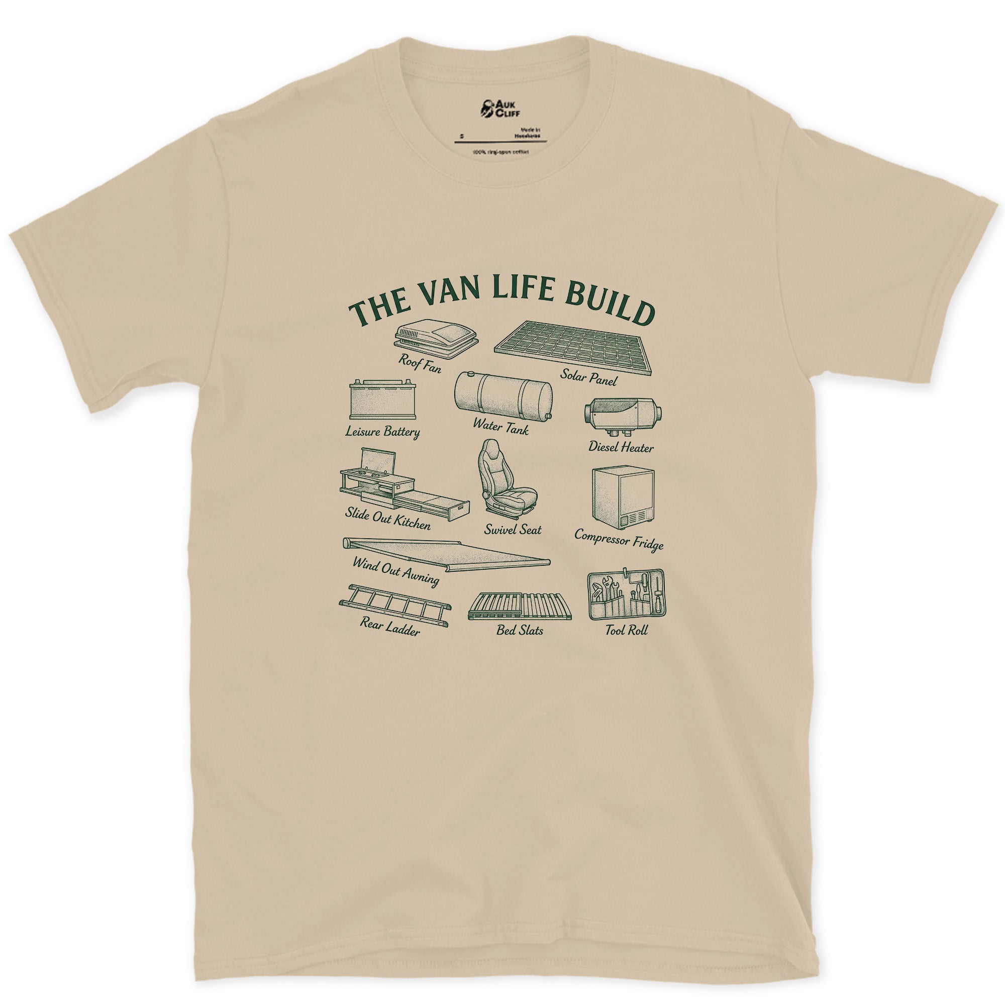Every System Labelled, One Van Build design on a Sand Gildan Softstyle t-shirt