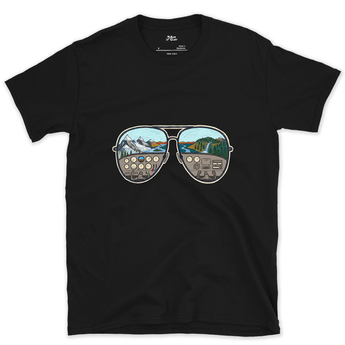 The View From the Left Seat, Aviators design on a Black Gildan Softstyle t-shirt