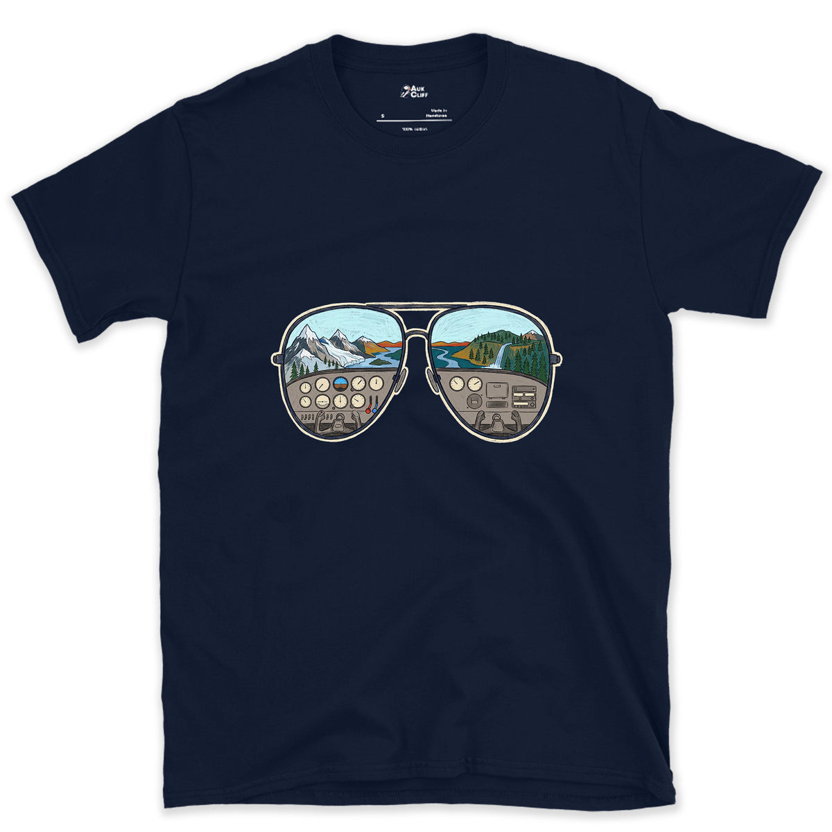 The View From the Left Seat, Aviators design on a Navy Gildan Softstyle t-shirt