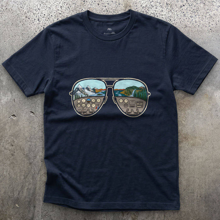 The View From the Left Seat, Aviators design on a Navy Gildan Softstyle t-shirt