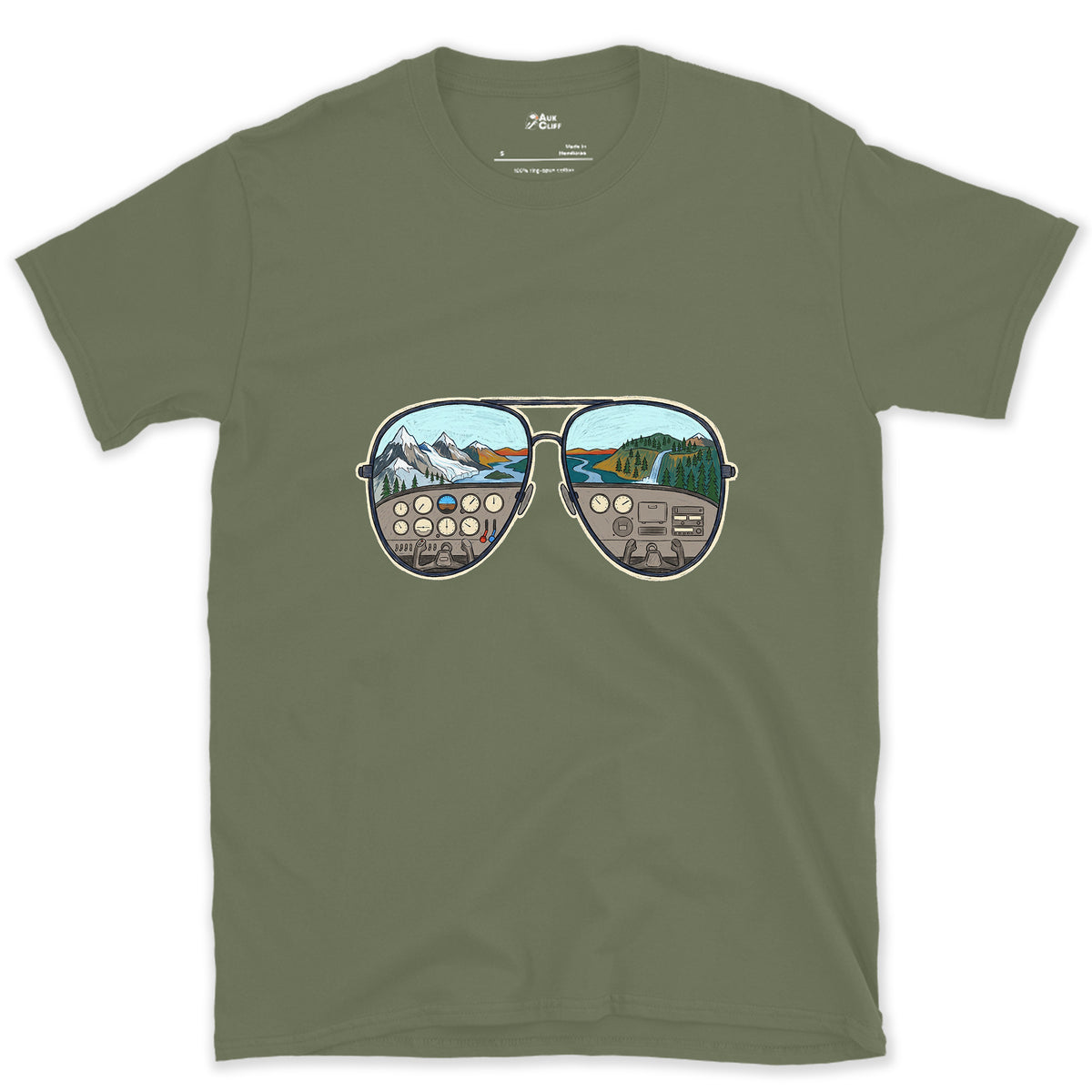 The View From the Left Seat, Aviators design on a Military Green Gildan Softstyle t-shirt