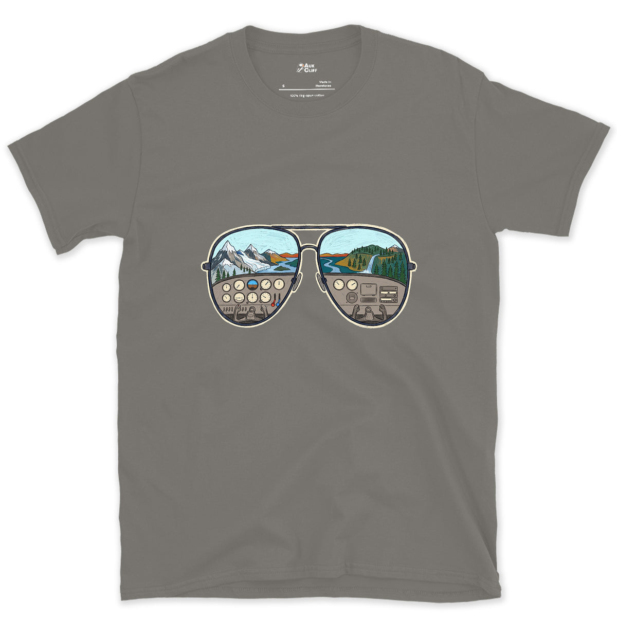 The View From the Left Seat, Aviators design on a Charcoal Gildan Softstyle t-shirt