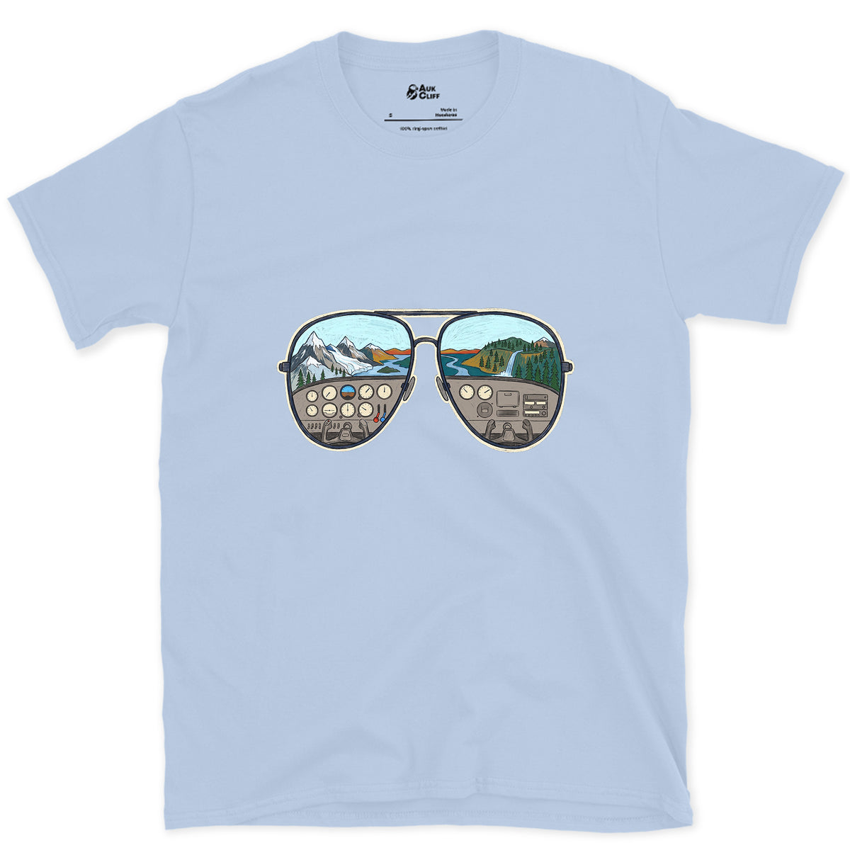 The View From the Left Seat, Aviators design on a Light Blue Gildan Softstyle t-shirt