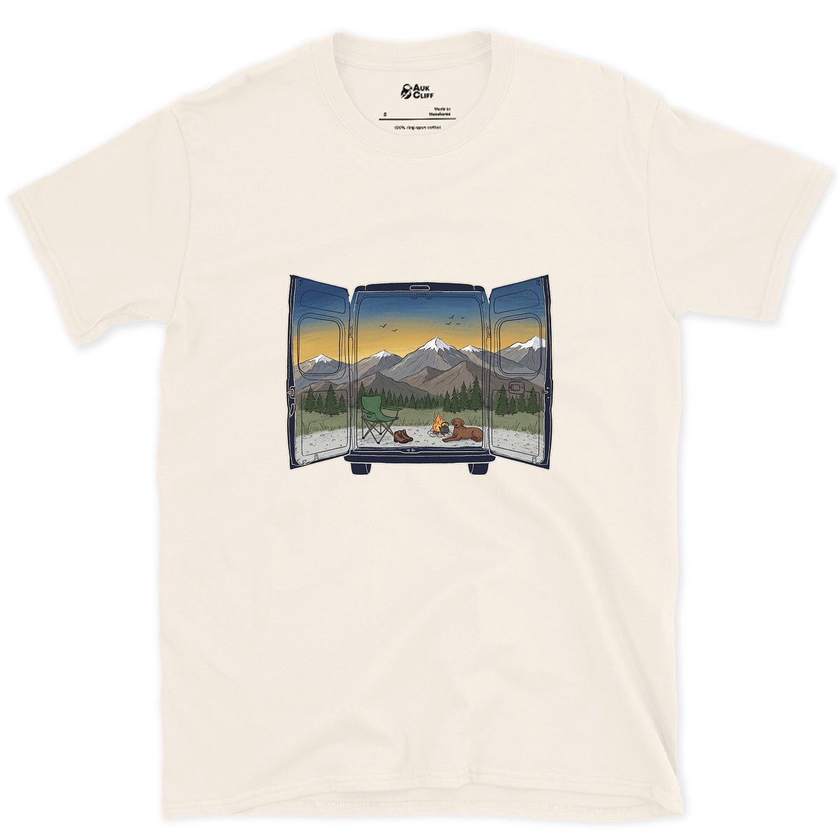 The View Out the Van Back Doors design on a Natural Gildan Softstyle t-shirt