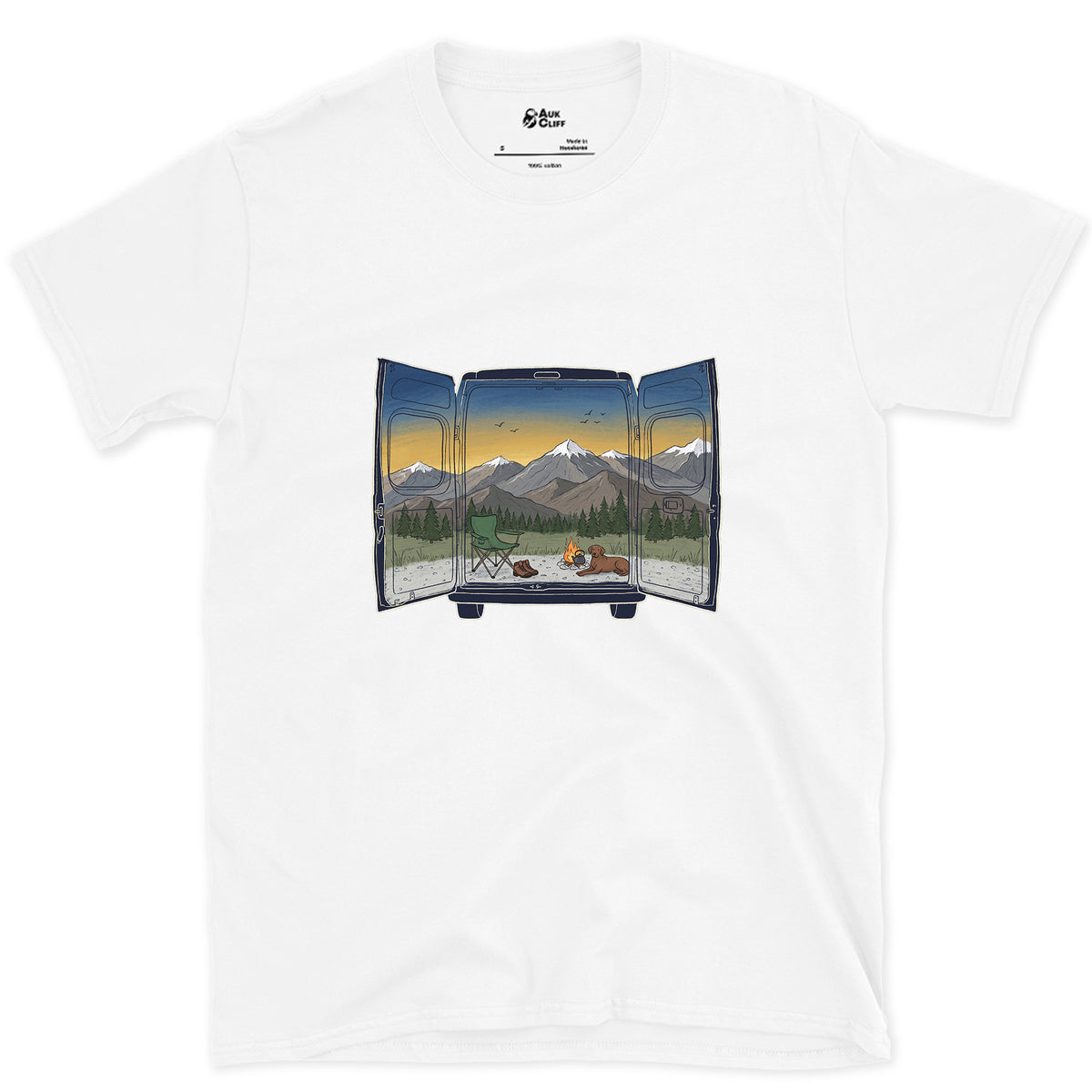 The View Out the Van Back Doors design on a White Gildan Softstyle t-shirt